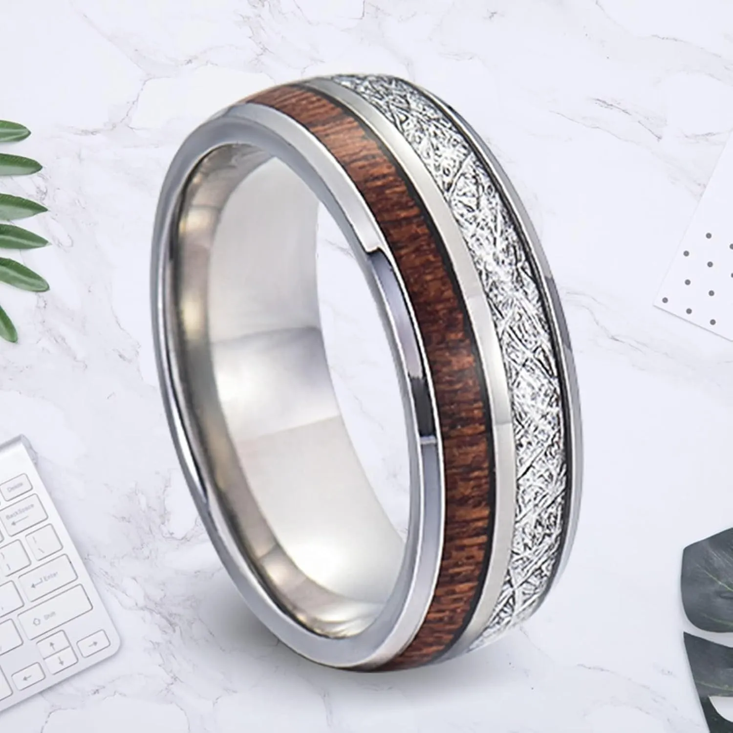 Wedding Rings Set for Him and Her, Couples Promise Rings Set Stainless Steel Comfort Fit 8mm Silver Ring Inlay Wood and Metal