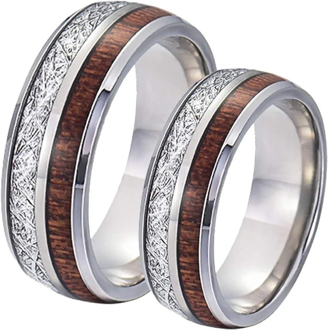 Wedding Rings Set for Him and Her, Couples Promise Rings Set Stainless Steel Comfort Fit 8mm Silver Ring Inlay Wood and Metal