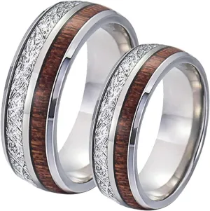 Wedding Rings Set for Him and Her, Couples Promise Rings Set Stainless Steel Comfort Fit 8mm Silver Ring Inlay Wood and Metal
