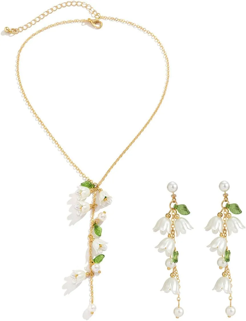 White Flower Necklace Earrings Set Pearl Leaf Pendant Necklace Floral Tassel Dangle Earrings Gold Y-shaped Choker Necklace for Women