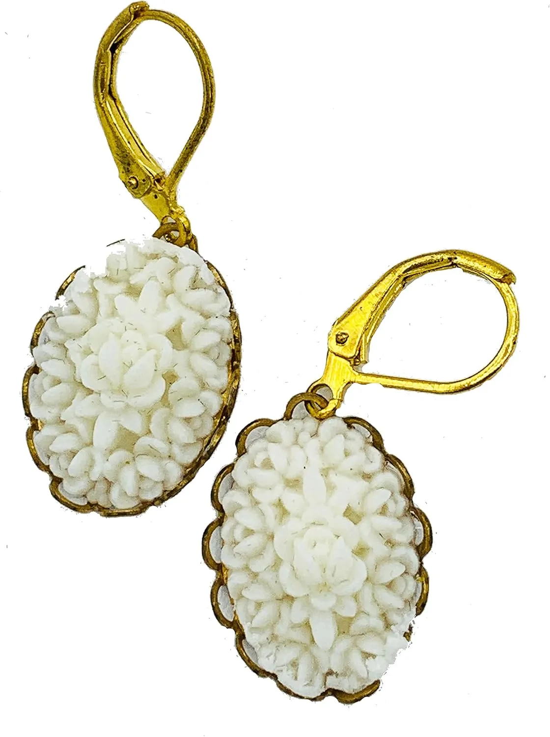 White Rose Floral Earrings with Gold-Plated Dangles 18x13mm