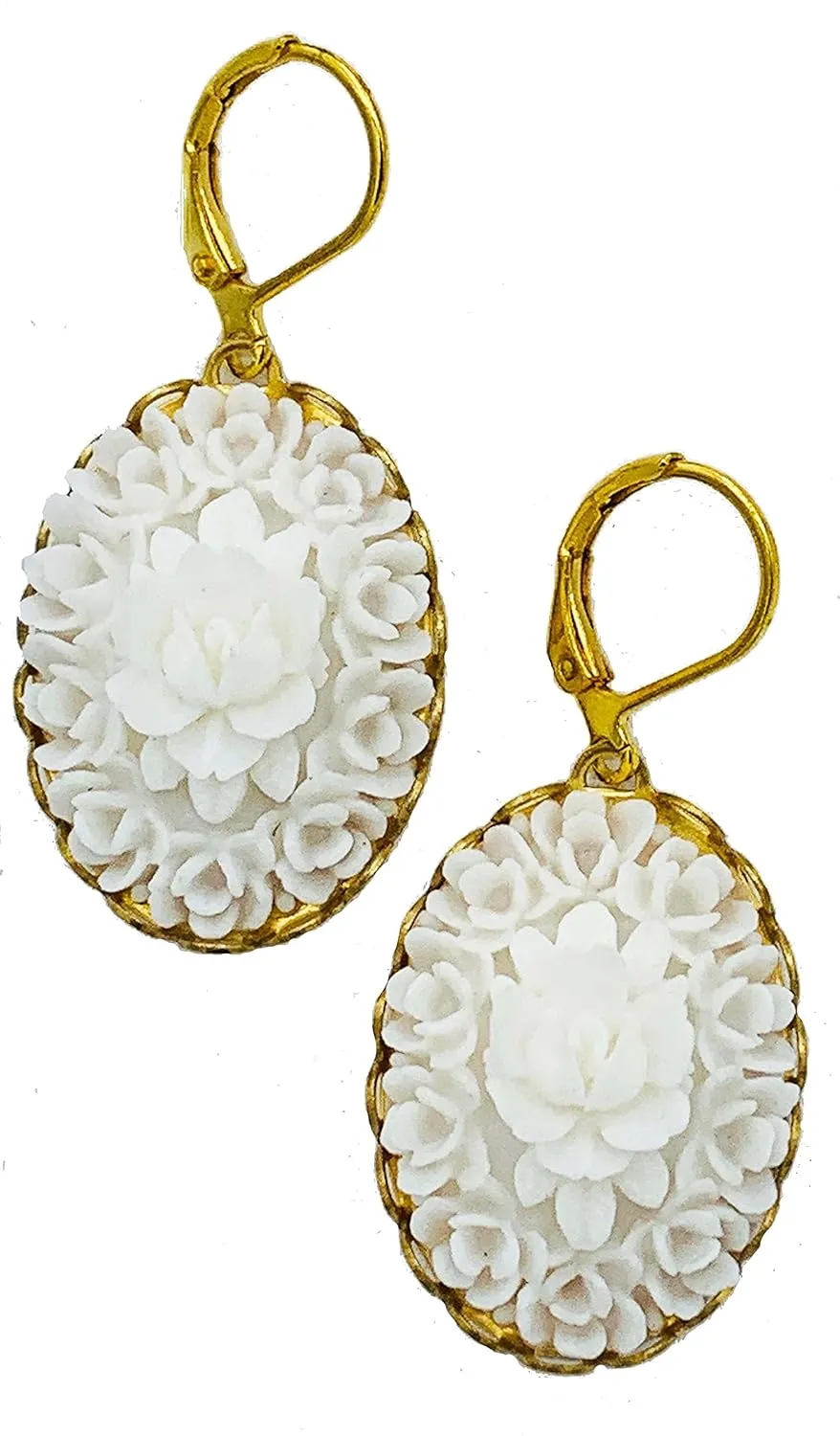 White Rose Floral Earrings with Gold-Plated Dangles 25x18mm