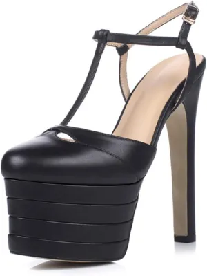 WOilERQ Womens Color Block Platform Heels PU Leather Ankle Strap Buckles Dress Pumps T-Strap Closed Toe Pump Slingback Pole Dance Show Dress Shoes,Black,6.5
