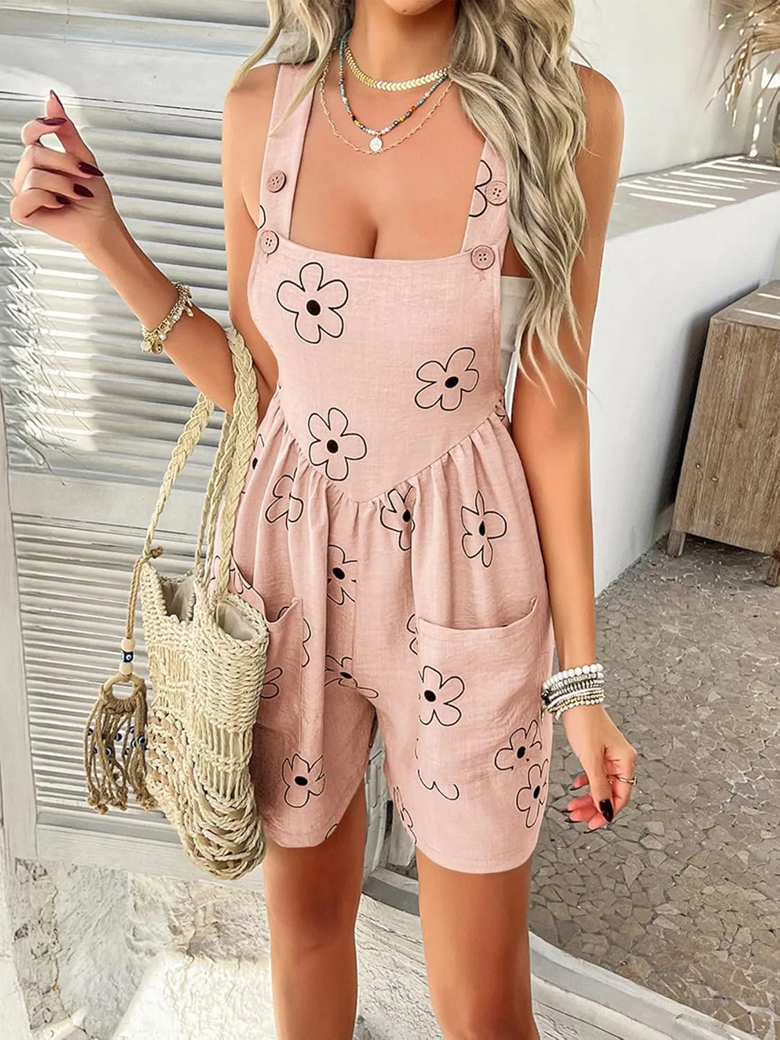Women 2025 Summer Rompers Floral Boho Sleeveless Back Tie Flowy Short Jumpsuits Beach Outfits Travel Vacation Clothes