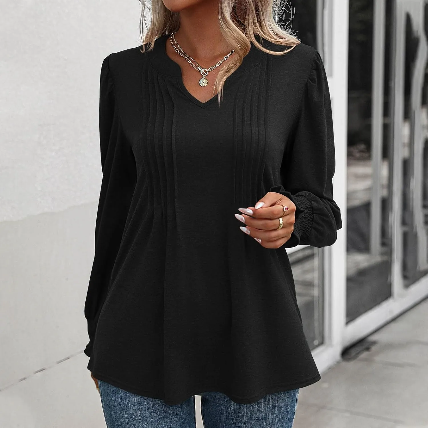 Women Blouses Elegant Casual Loose V-Neck Pleated Smocked Womans Fall Shirts Plain Lantern Long Sleeve Tunic Tops