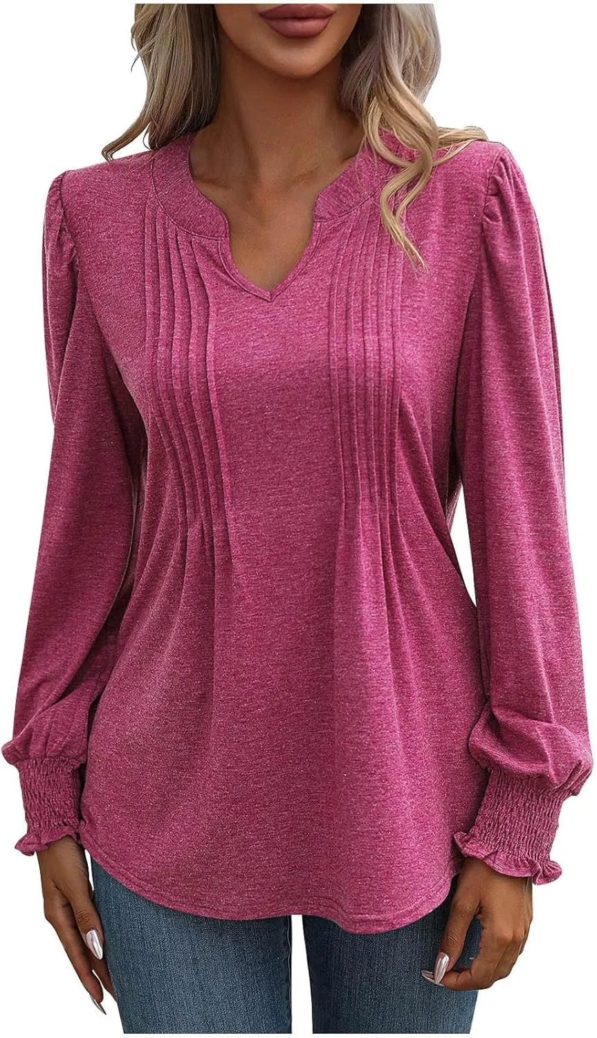 Women Blouses Elegant Casual Loose V-Neck Pleated Smocked Womans Fall Shirts Plain Lantern Long Sleeve Tunic Tops