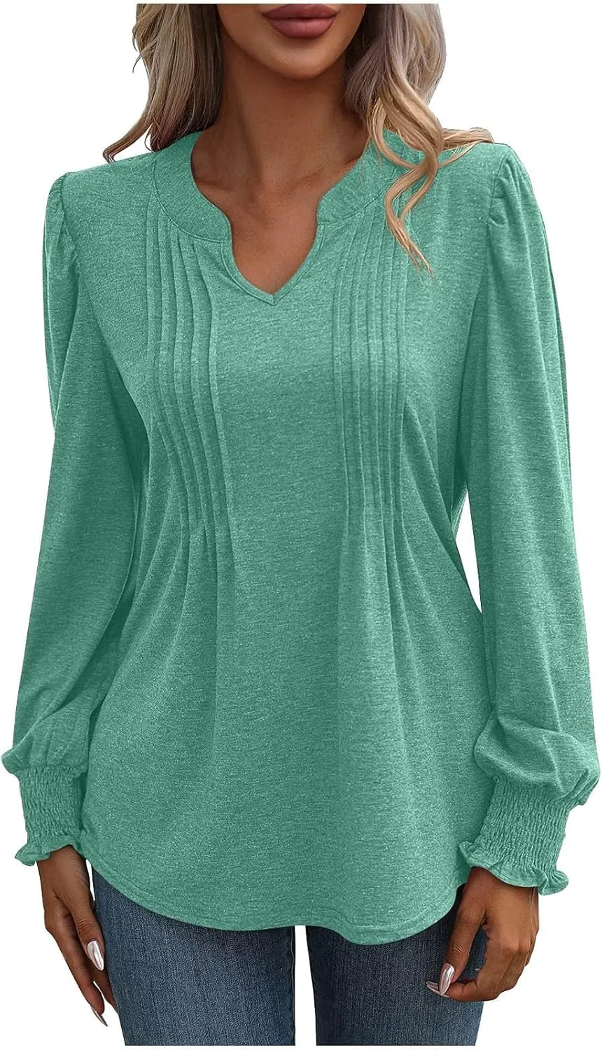 Women Blouses Elegant Casual Loose V-Neck Pleated Smocked Womans Fall Shirts Plain Lantern Long Sleeve Tunic Tops