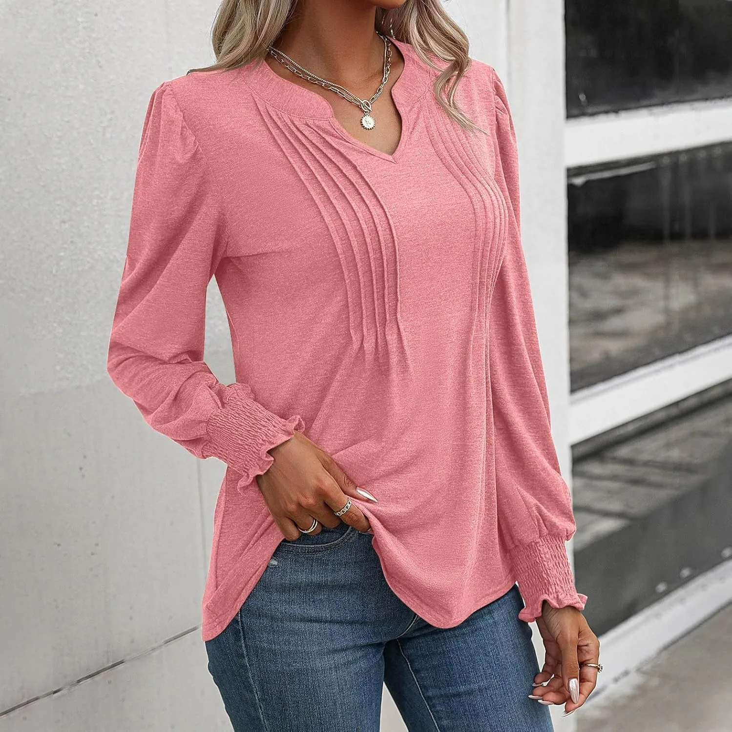 Women Blouses Elegant Casual Loose V-Neck Pleated Smocked Womans Fall Shirts Plain Lantern Long Sleeve Tunic Tops