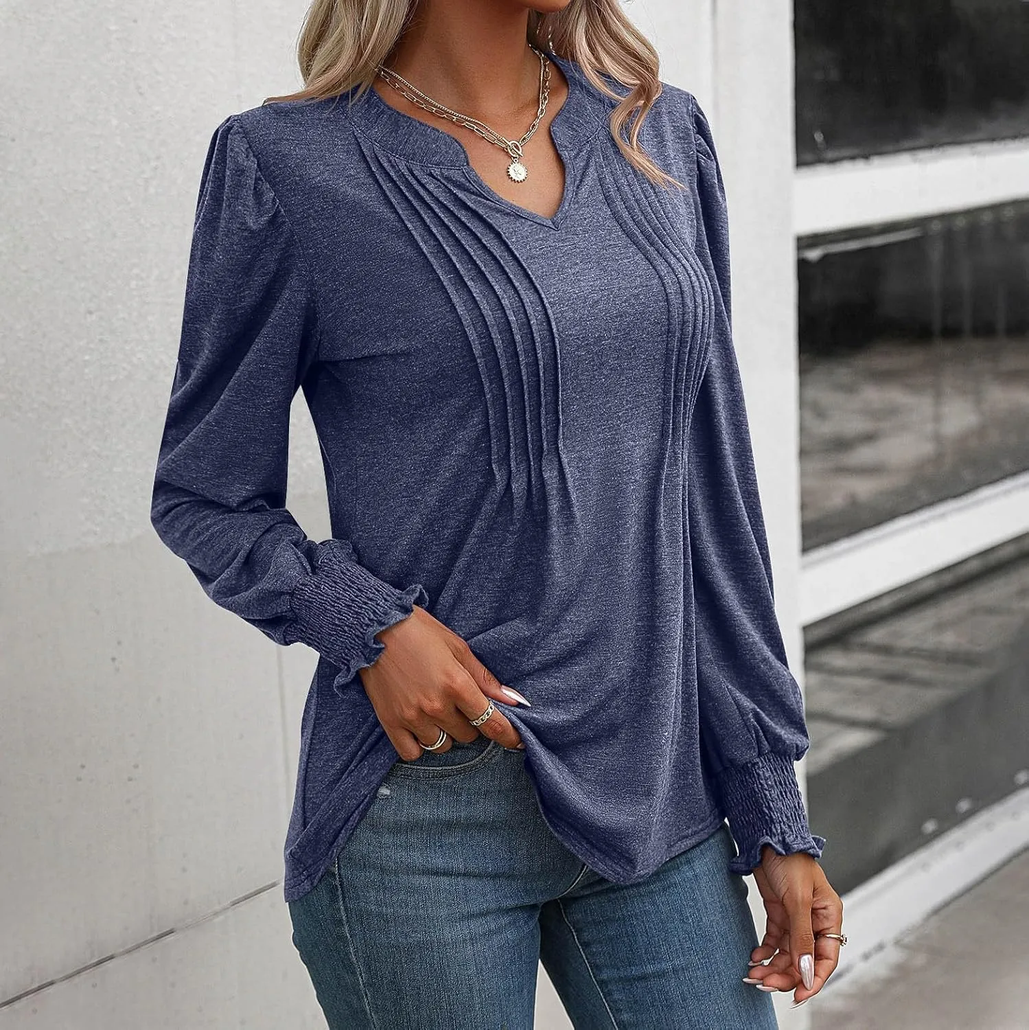 Women Blouses Elegant Casual Loose V-Neck Pleated Smocked Womans Fall Shirts Plain Lantern Long Sleeve Tunic Tops