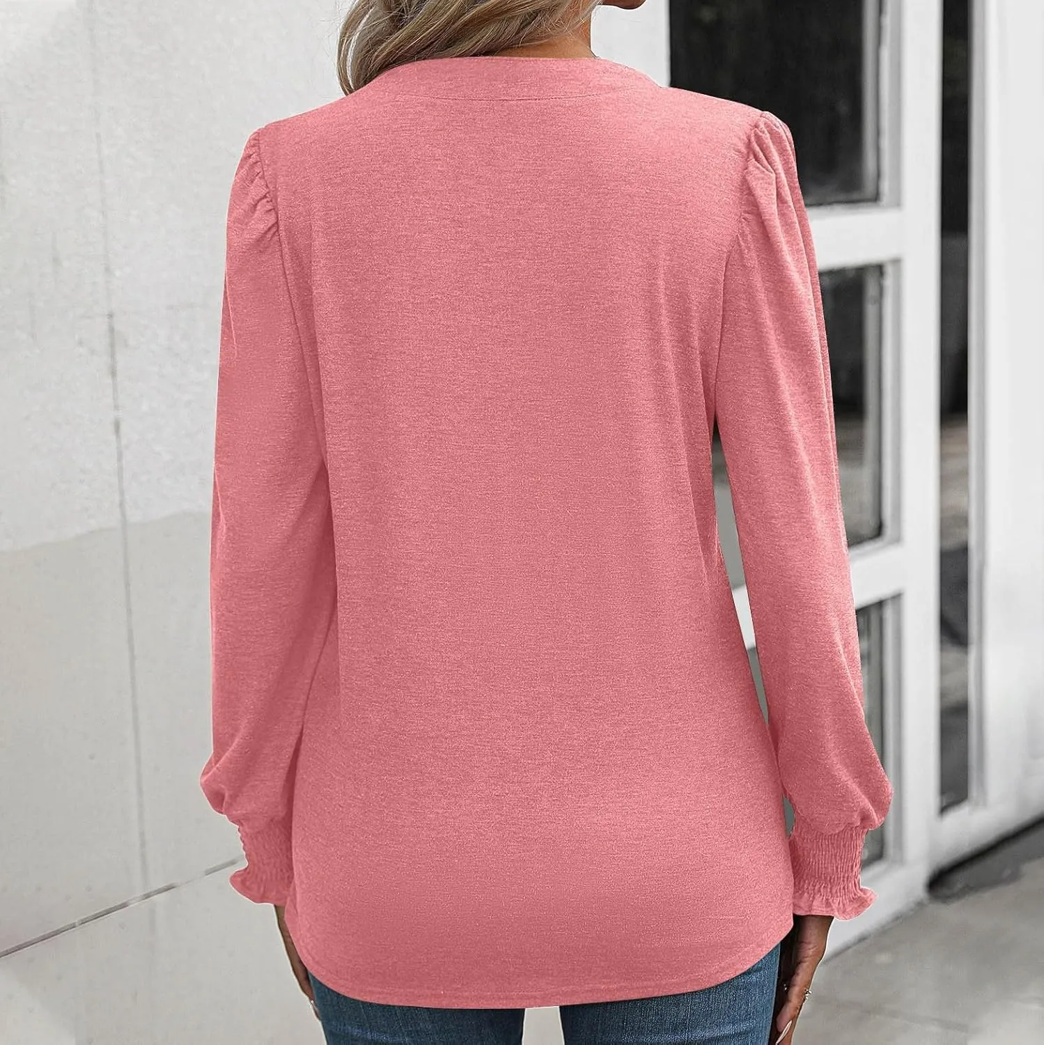 Women Blouses Elegant Casual Loose V-Neck Pleated Smocked Womans Fall Shirts Plain Lantern Long Sleeve Tunic Tops