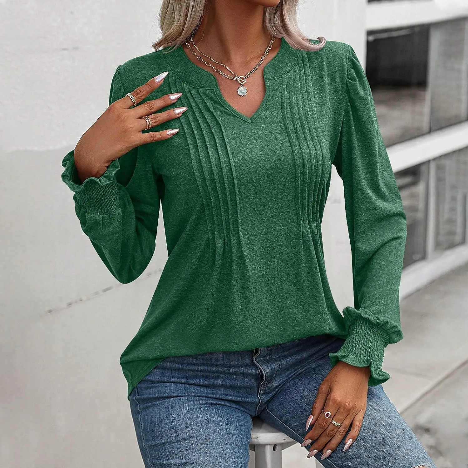 Women Blouses Elegant Casual Loose V-Neck Pleated Smocked Womans Fall Shirts Plain Lantern Long Sleeve Tunic Tops