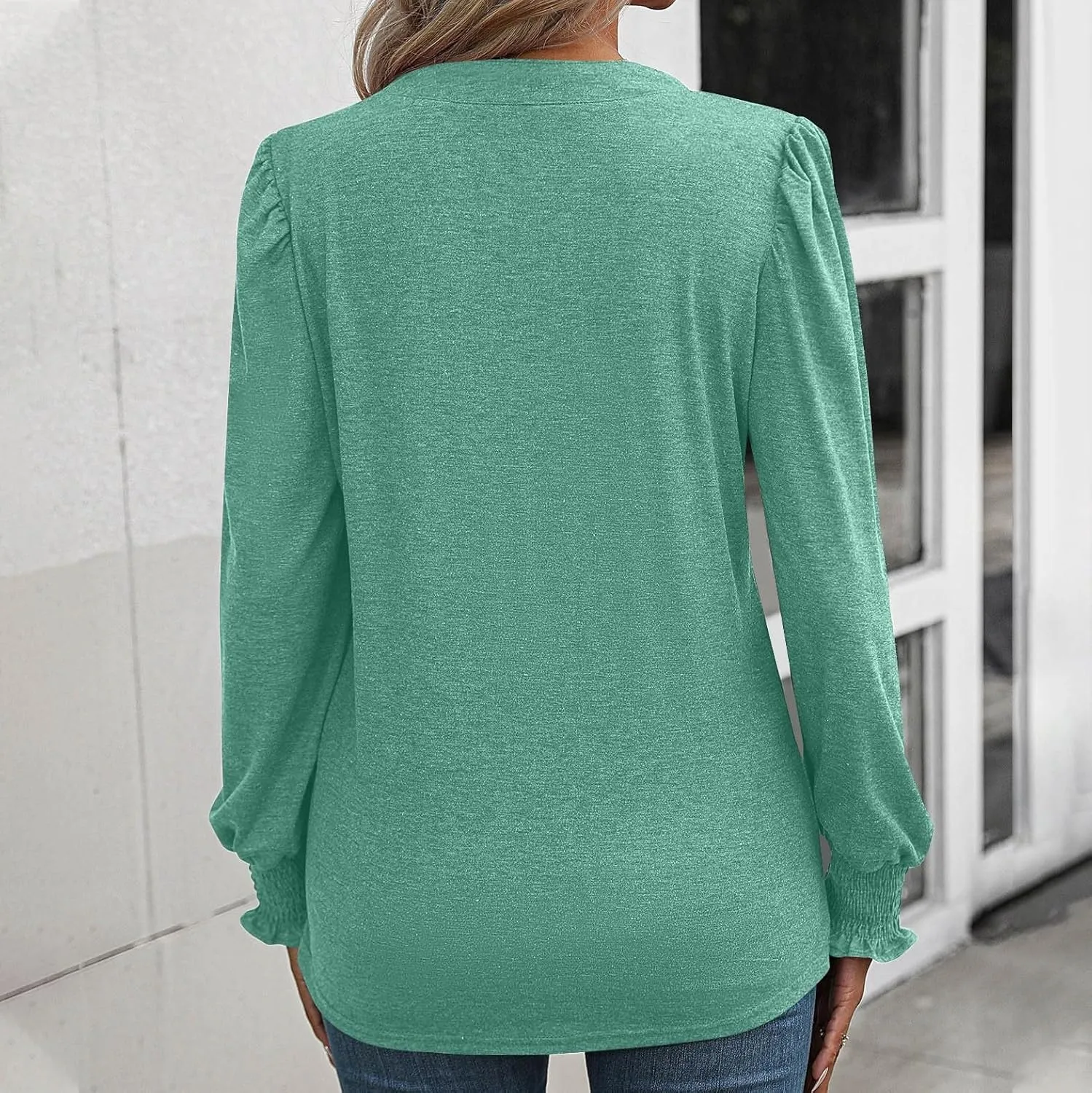 Women Blouses Elegant Casual Loose V-Neck Pleated Smocked Womans Fall Shirts Plain Lantern Long Sleeve Tunic Tops