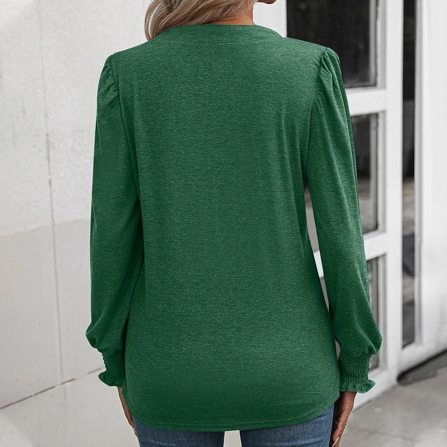 Women Blouses Elegant Casual Loose V-Neck Pleated Smocked Womans Fall Shirts Plain Lantern Long Sleeve Tunic Tops