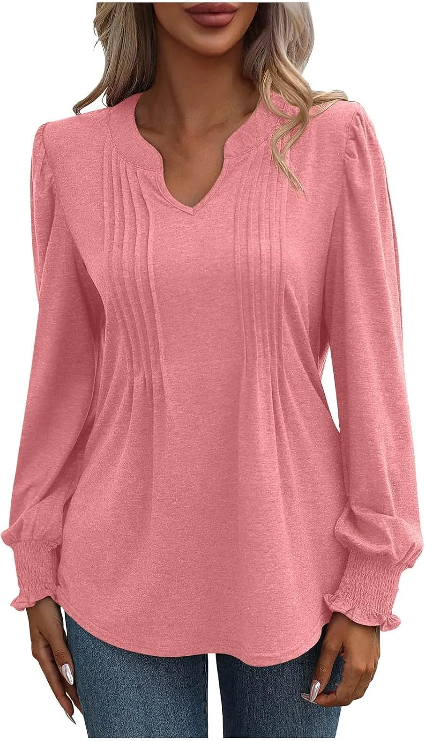 Women Blouses Elegant Casual Loose V-Neck Pleated Smocked Womans Fall Shirts Plain Lantern Long Sleeve Tunic Tops