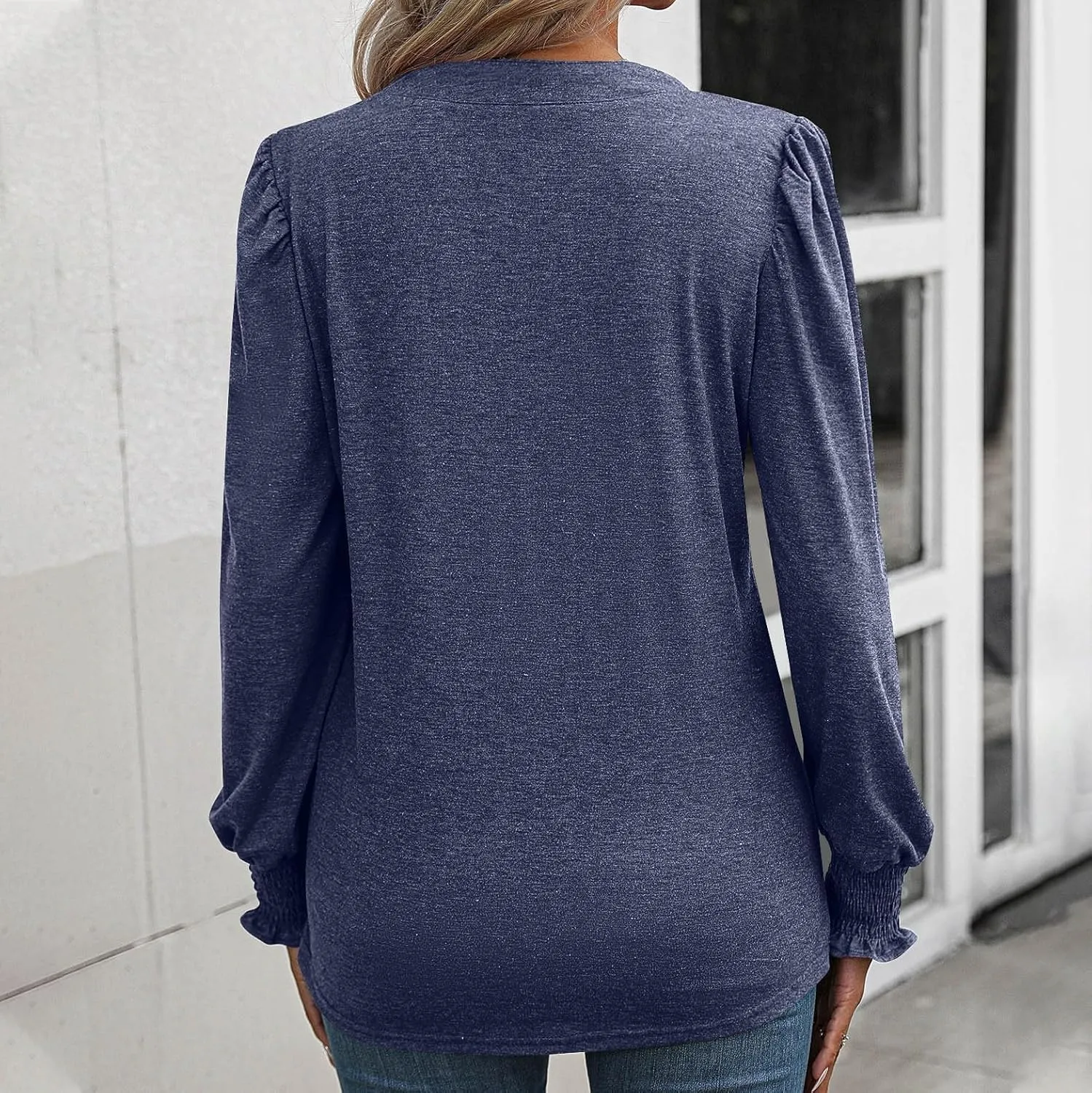 Women Blouses Elegant Casual Loose V-Neck Pleated Smocked Womans Fall Shirts Plain Lantern Long Sleeve Tunic Tops