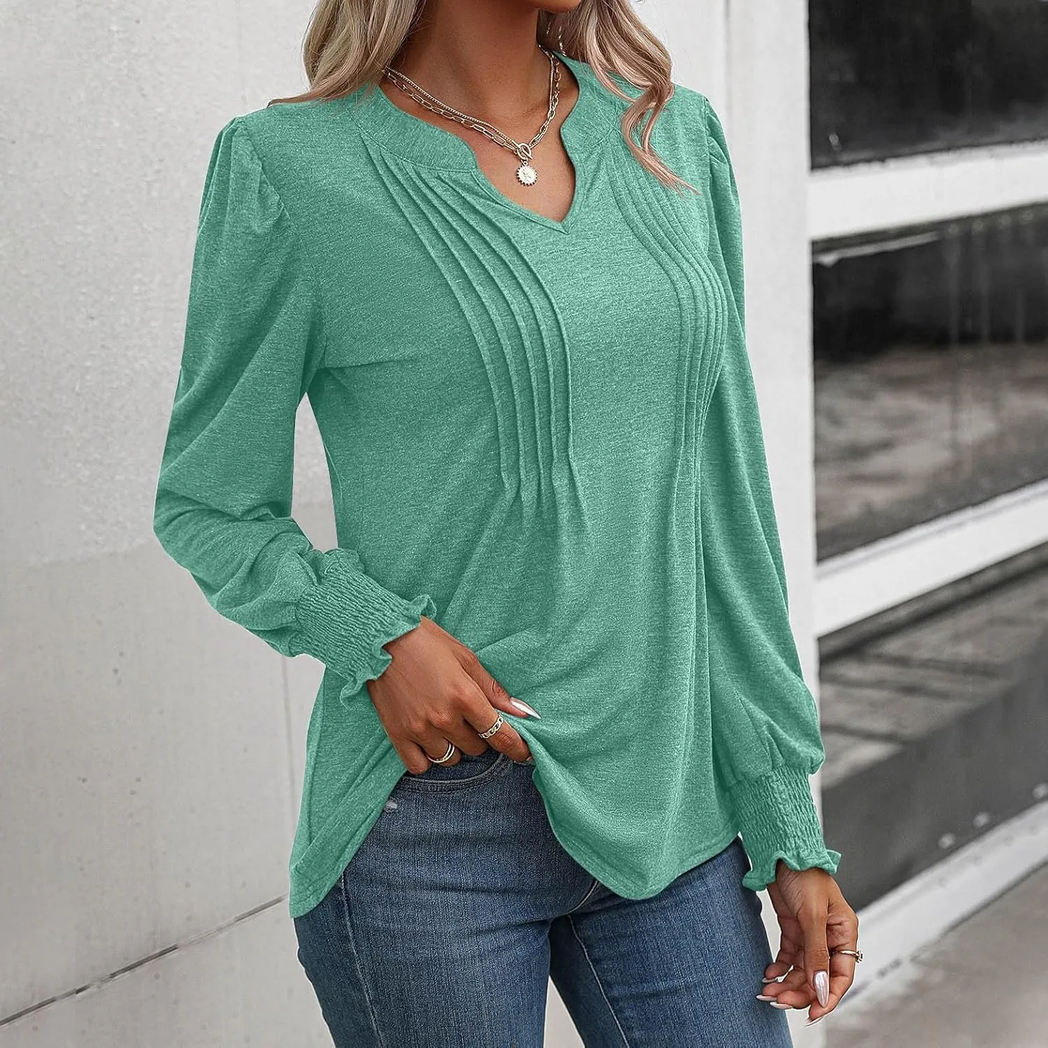 Women Blouses Elegant Casual Loose V-Neck Pleated Smocked Womans Fall Shirts Plain Lantern Long Sleeve Tunic Tops