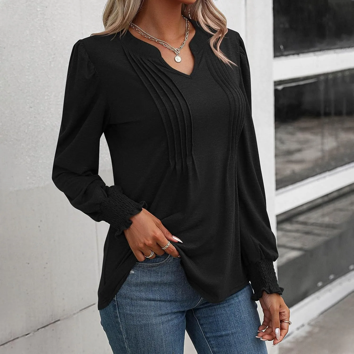 Women Blouses Elegant Casual Loose V-Neck Pleated Smocked Womans Fall Shirts Plain Lantern Long Sleeve Tunic Tops