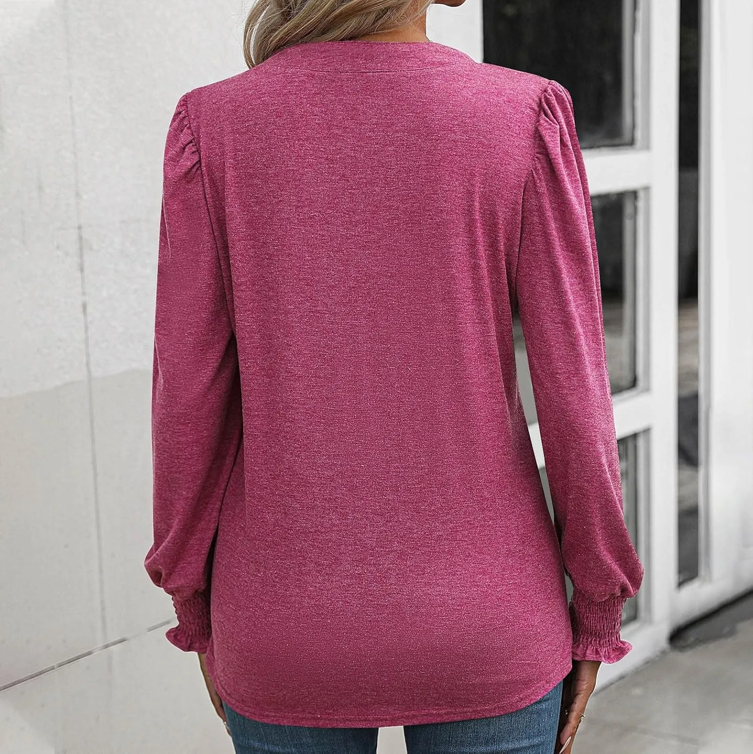 Women Blouses Elegant Casual Loose V-Neck Pleated Smocked Womans Fall Shirts Plain Lantern Long Sleeve Tunic Tops