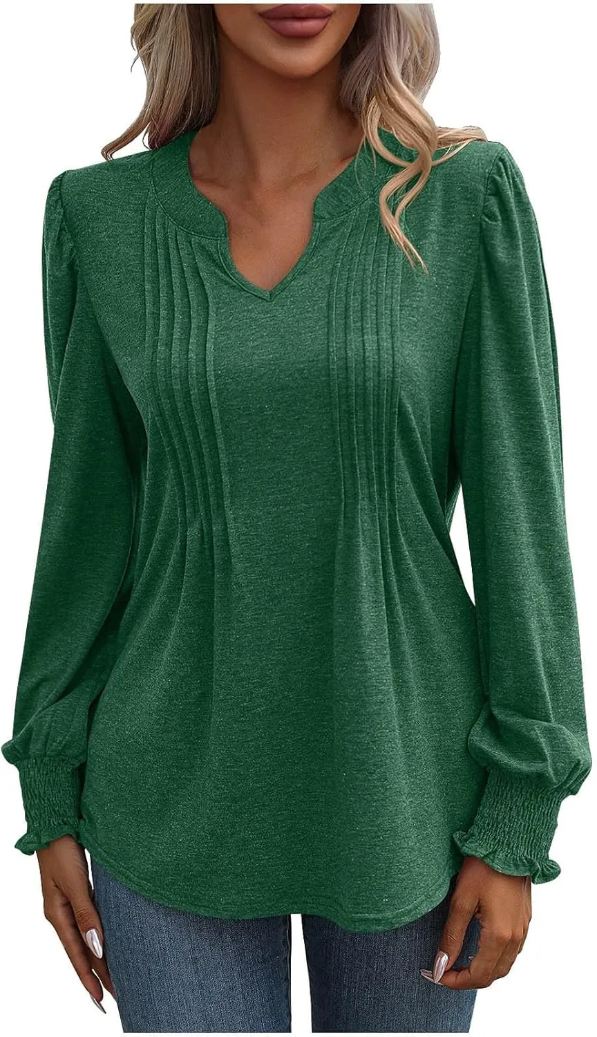 Women Blouses Elegant Casual Loose V-Neck Pleated Smocked Womans Fall Shirts Plain Lantern Long Sleeve Tunic Tops