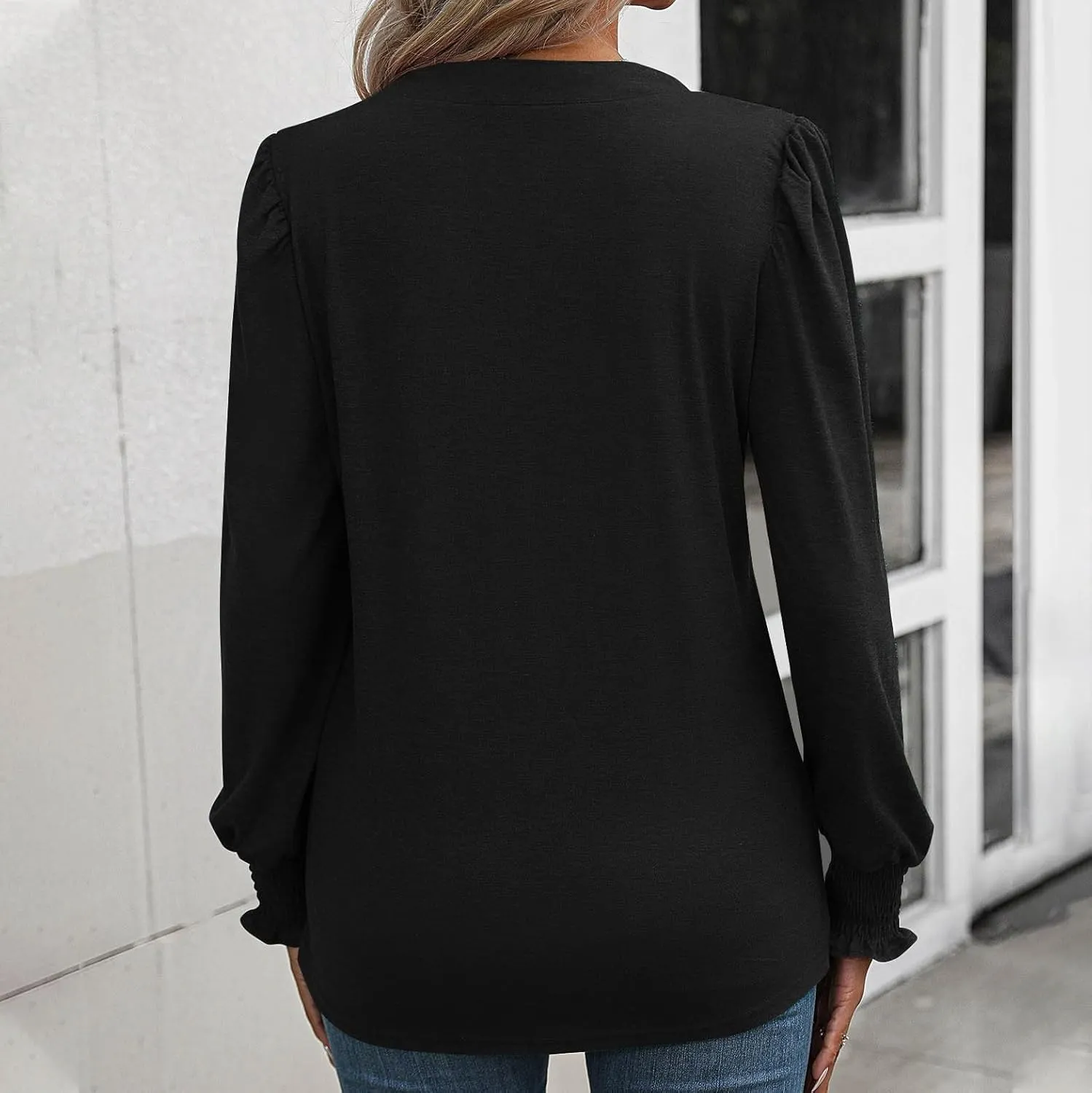 Women Blouses Elegant Casual Loose V-Neck Pleated Smocked Womans Fall Shirts Plain Lantern Long Sleeve Tunic Tops