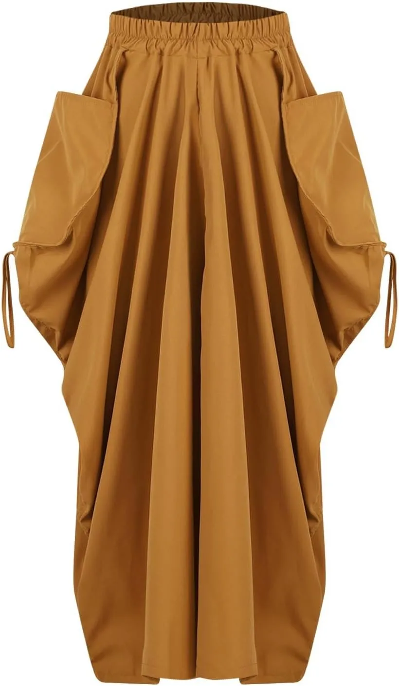 Women Boho Maxi Skirt Elastic High Waist Stretch Long Skirt Casual Y2k Fashion Cargo Skirt with Two Side Pockets