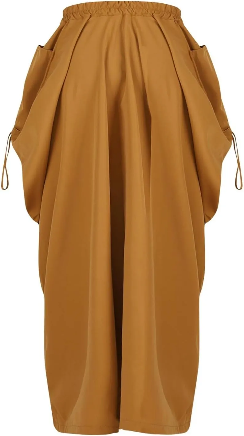 Women Boho Maxi Skirt Elastic High Waist Stretch Long Skirt Casual Y2k Fashion Cargo Skirt with Two Side Pockets