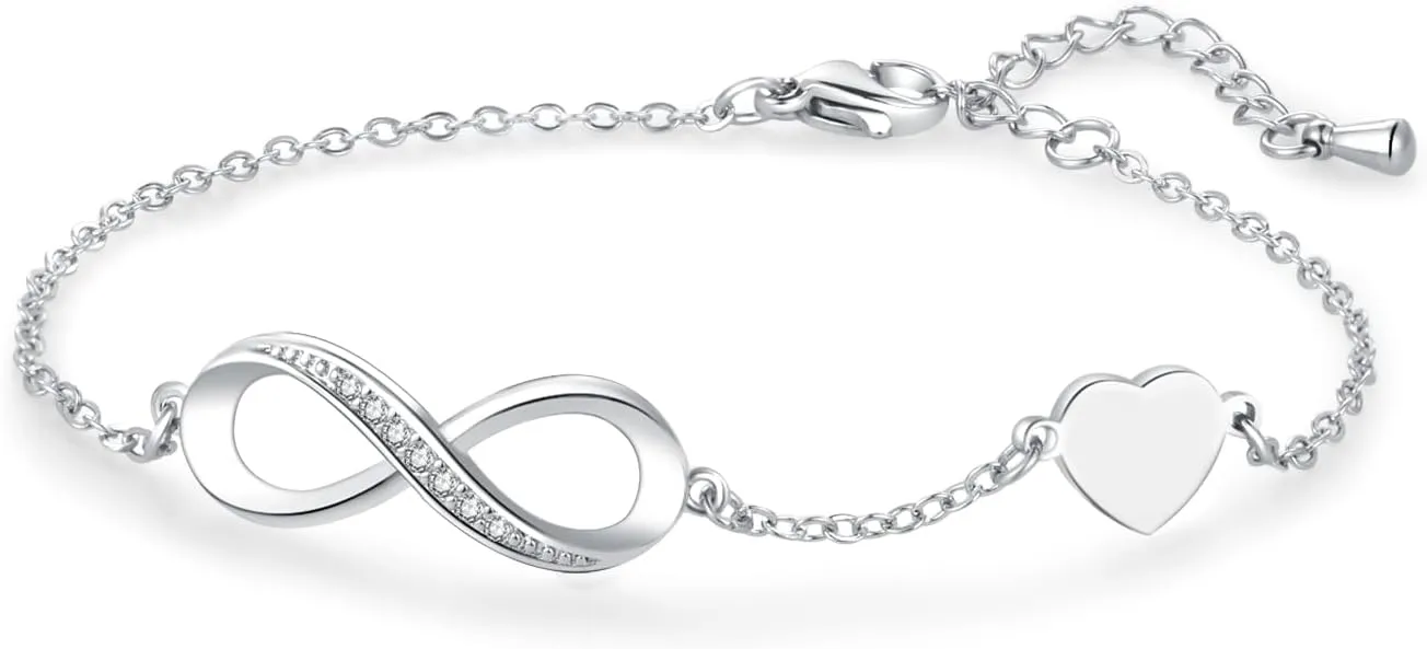 Women Bracelet Infinity Love Mom Daughter Heart Charm Sparkle Silver Forever Stainless Steel Family Friend Couple Adjustable Birthday Anniversary