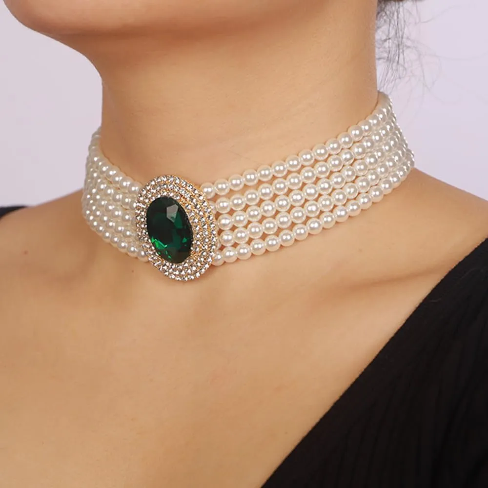 Women Multilayer 1920s Green Blue Silver Rhinestone Necklaces Dainty Pearls Layered Choker Necklaces Fashion Chunky Pearls Pendant Multilayer Adjustable Layering Necklaces for Women