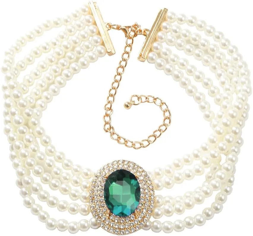 Women Multilayer 1920s Green Blue Silver Rhinestone Necklaces Dainty Pearls Layered Choker Necklaces Fashion Chunky Pearls Pendant Multilayer Adjustable Layering Necklaces for Women
