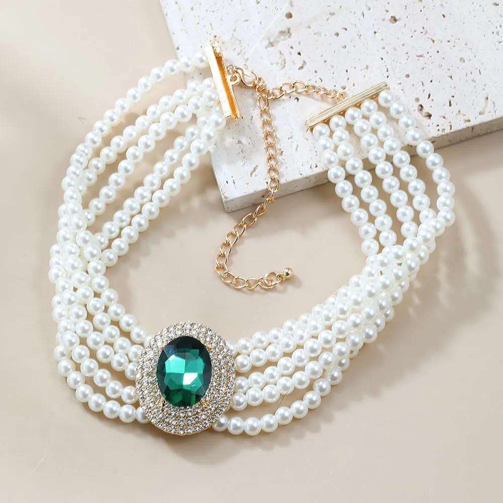 Women Multilayer 1920s Green Blue Silver Rhinestone Necklaces Dainty Pearls Layered Choker Necklaces Fashion Chunky Pearls Pendant Multilayer Adjustable Layering Necklaces for Women