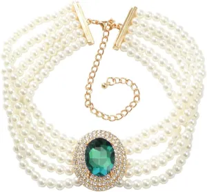 Women Multilayer 1920s Green Blue Silver Rhinestone Necklaces Dainty Pearls Layered Choker Necklaces Fashion Chunky Pearls Pendant Multilayer Adjustable Layering Necklaces for Women