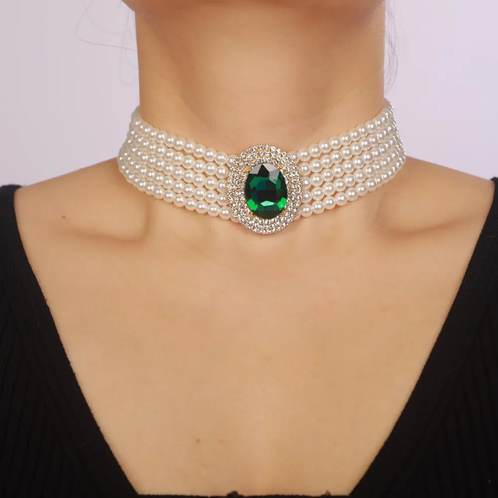 Women Multilayer 1920s Green Blue Silver Rhinestone Necklaces Dainty Pearls Layered Choker Necklaces Fashion Chunky Pearls Pendant Multilayer Adjustable Layering Necklaces for Women