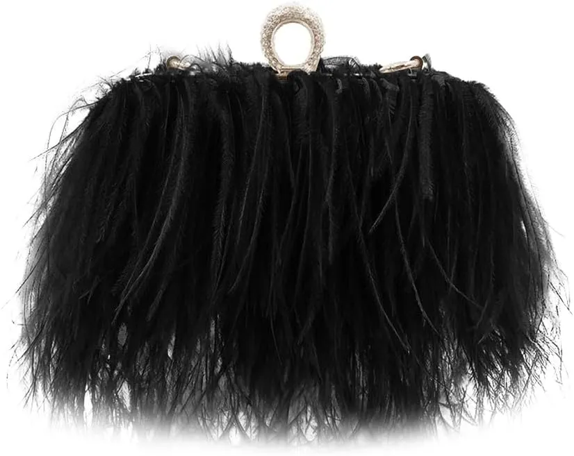 Women Natural Ostrich Feather Vintage Purse Evening Bag Glitter Purse Women's Evening Handbags Party Wedding Black
