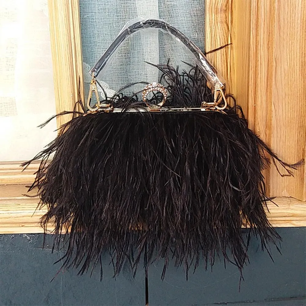 Women Natural Ostrich Feather Vintage Purse Evening Bag Glitter Purse Women's Evening Handbags Party Wedding Black
