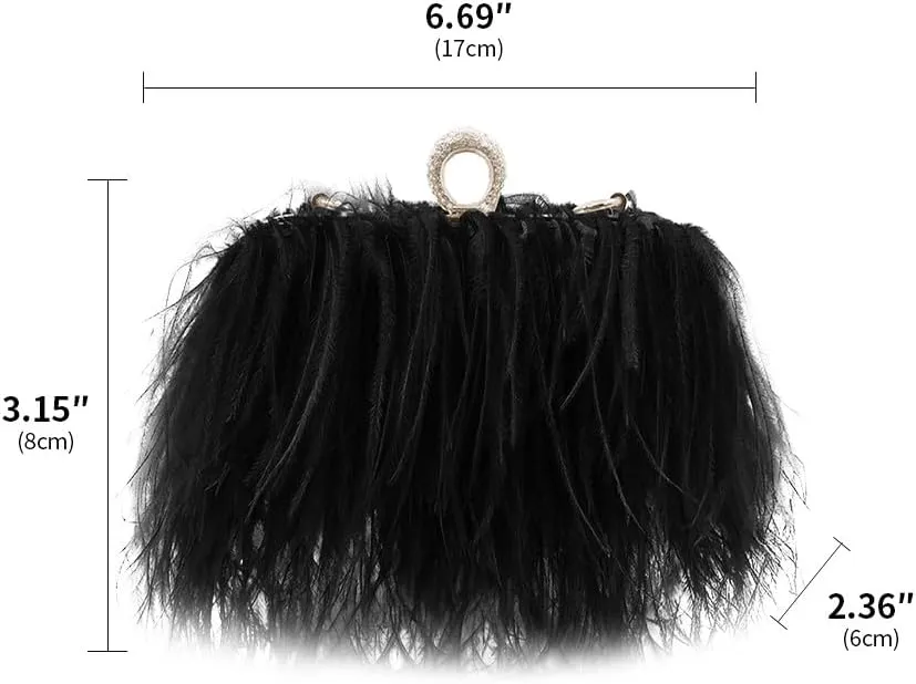 Women Natural Ostrich Feather Vintage Purse Evening Bag Glitter Purse Women's Evening Handbags Party Wedding Black