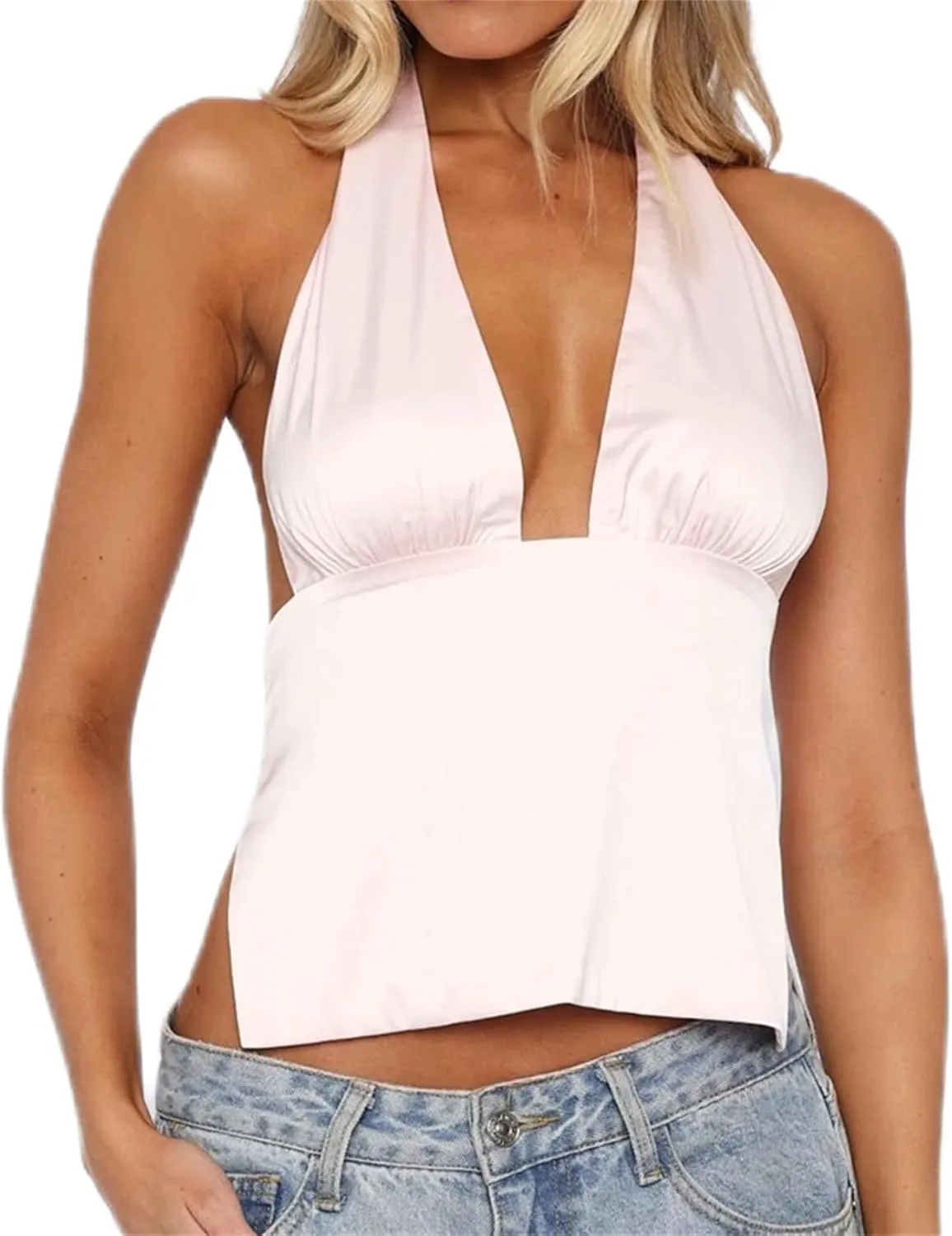 Women Satin Halter Crop Top Sexy V Neck Low Cut Backless Sleeveless Camisole Y2K Side Split Back Tie Party Clubwear