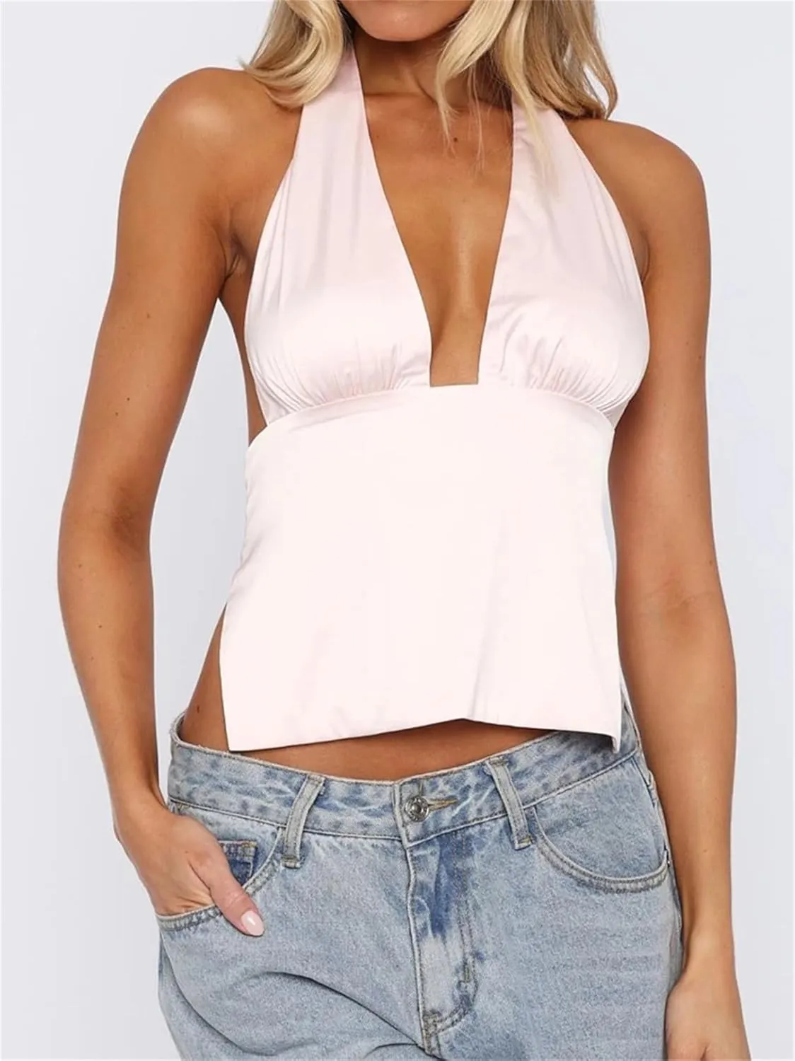 Women Satin Halter Crop Top Sexy V Neck Low Cut Backless Sleeveless Camisole Y2K Side Split Back Tie Party Clubwear