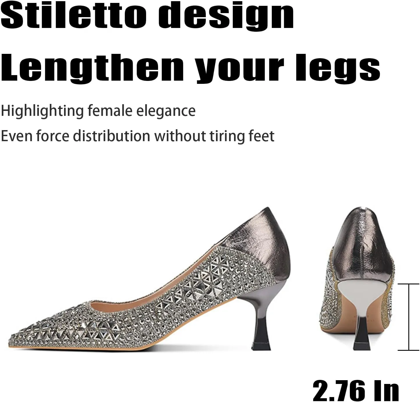 Women Sparkling Rhinestone Pointy Toe Mid Heel Pumps Fashion Closed Toe Slip On Comfort Kitten Heel Dress Shoes for Wedding Party Dating Office Work