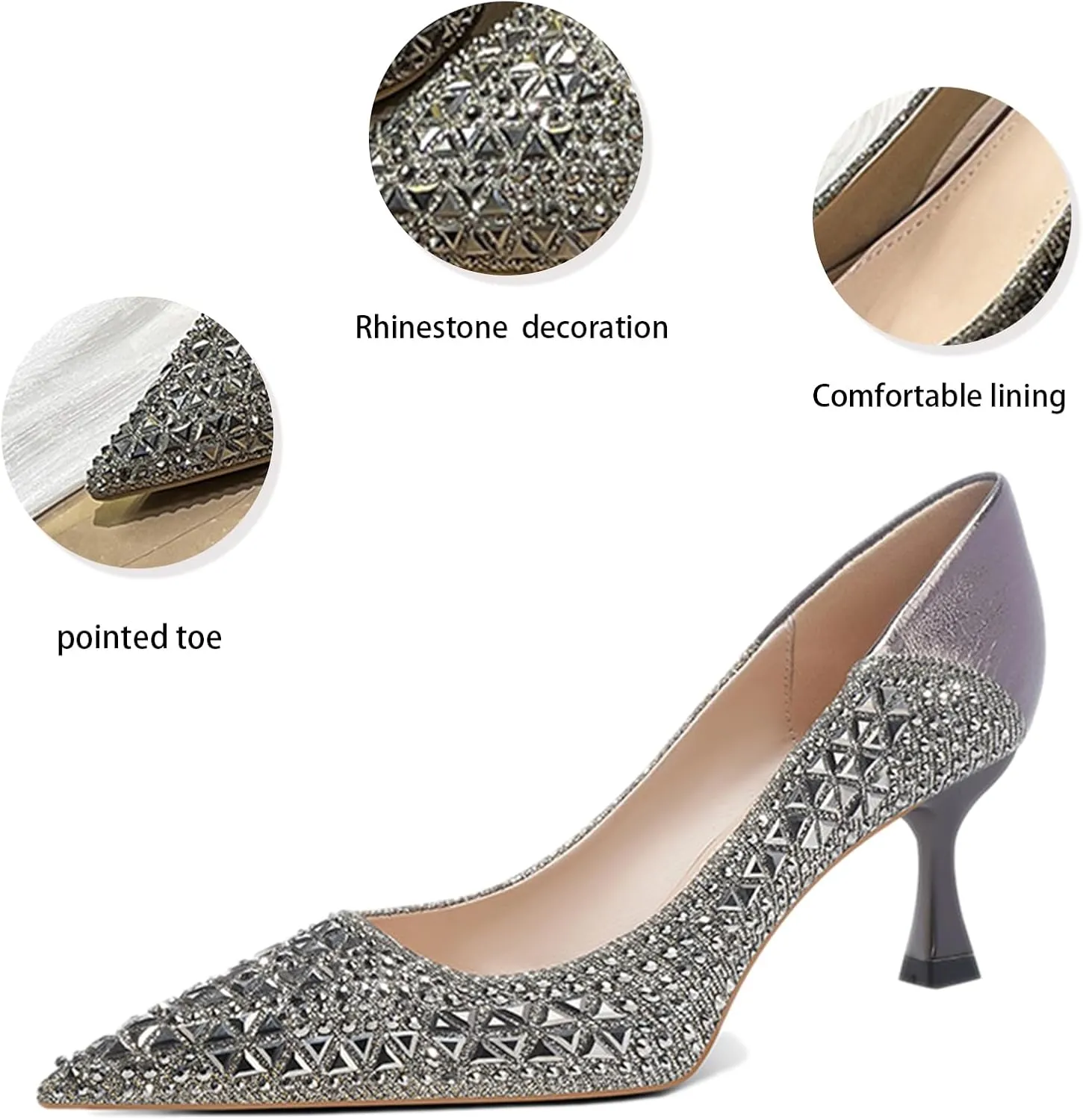 Women Sparkling Rhinestone Pointy Toe Mid Heel Pumps Fashion Closed Toe Slip On Comfort Kitten Heel Dress Shoes for Wedding Party Dating Office Work
