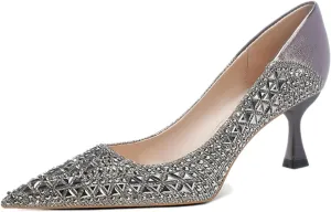 Women Sparkling Rhinestone Pointy Toe Mid Heel Pumps Fashion Closed Toe Slip On Comfort Kitten Heel Dress Shoes for Wedding Party Dating Office Work