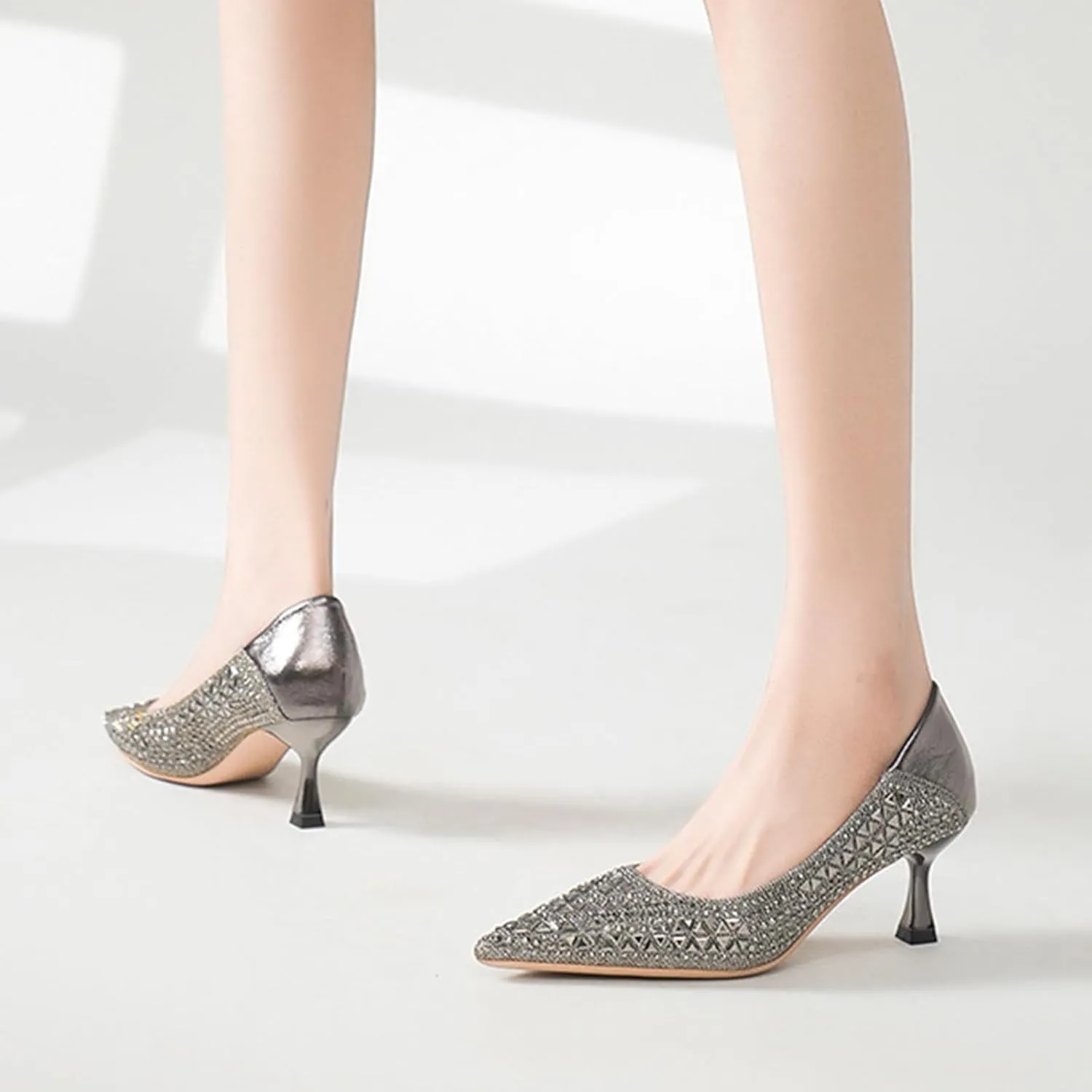 Women Sparkling Rhinestone Pointy Toe Mid Heel Pumps Fashion Closed Toe Slip On Comfort Kitten Heel Dress Shoes for Wedding Party Dating Office Work