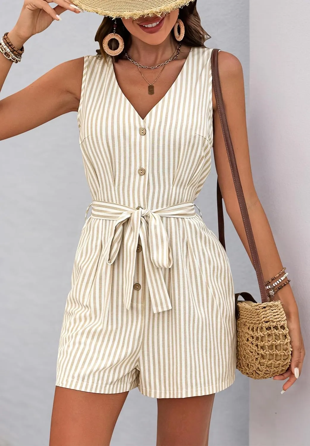 Women Summer Rompers Sleeveless V Neck Button Down Linen Jumpsuit Shorts Beach Striped Rompers with Belt