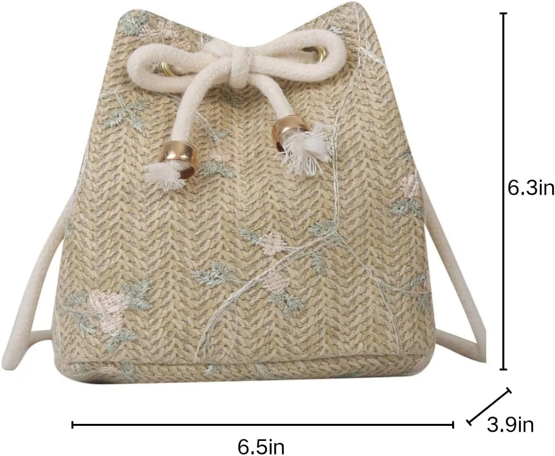 Women Woven Straw Bucket Bag, Drawstring Small Crossbody Tote Purses,Embroidery Vacation Handbags for Summer Beach