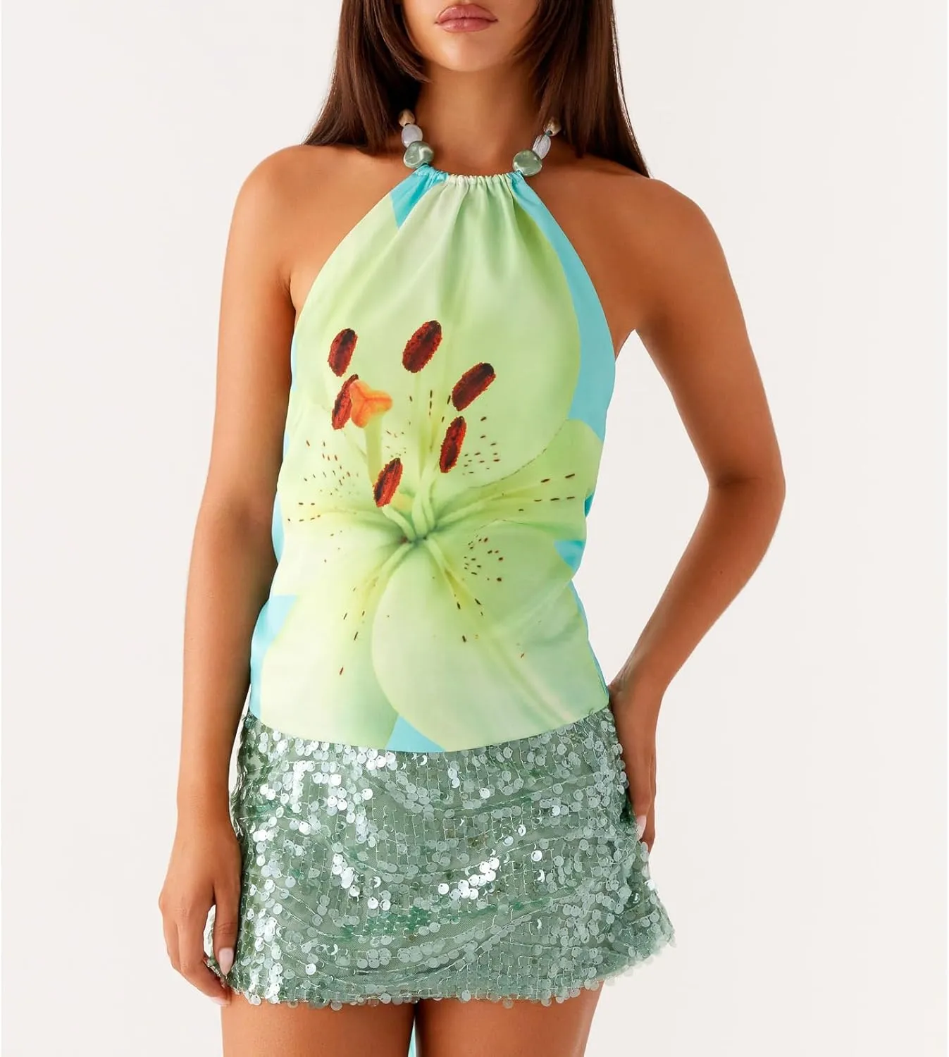 Women Y2k Cowl Halter Neck Floral Going Out Crop Tops Sexy Cut Out Open Back Tie Up Beach Vacation Tank Vest
