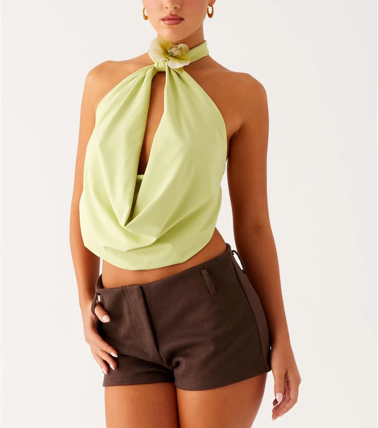 Women Y2k Cowl Halter Neck Floral Going Out Crop Tops Sexy Cut Out Open Back Tie Up Beach Vacation Tank Vest
