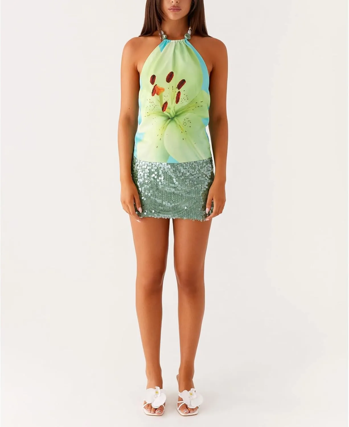 Women Y2k Cowl Halter Neck Floral Going Out Crop Tops Sexy Cut Out Open Back Tie Up Beach Vacation Tank Vest