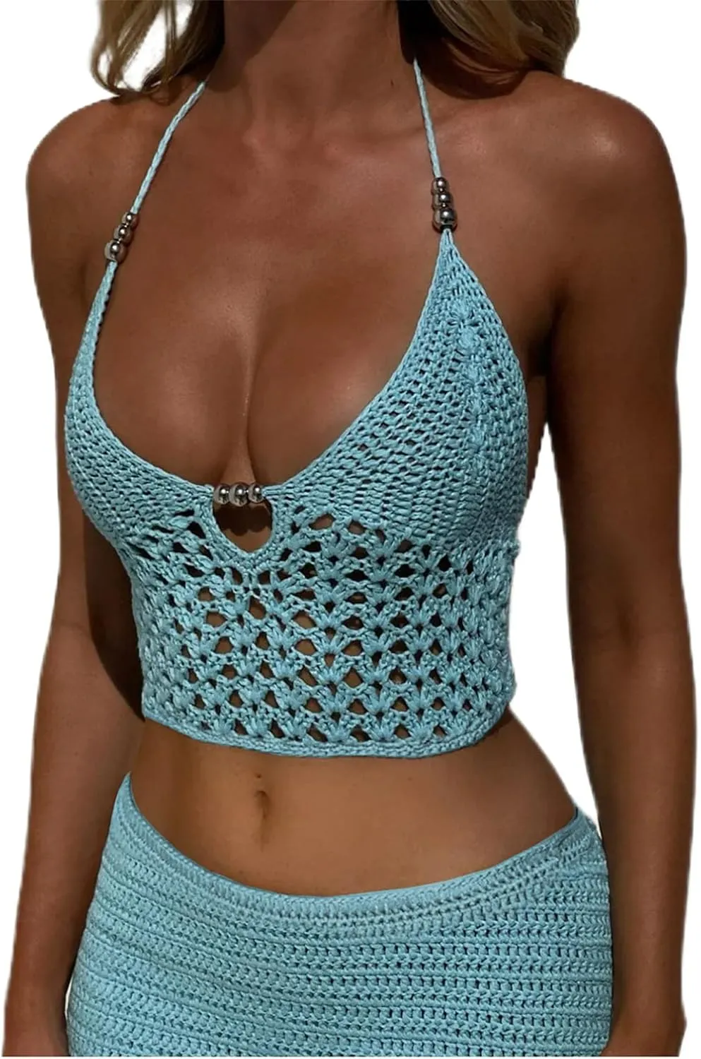 Women Y2k Knit Halter Top Boho Sleeveless Hollow Out Open Back Tie Up Crop Camisole Summer Sexy Vacation Beach Tops