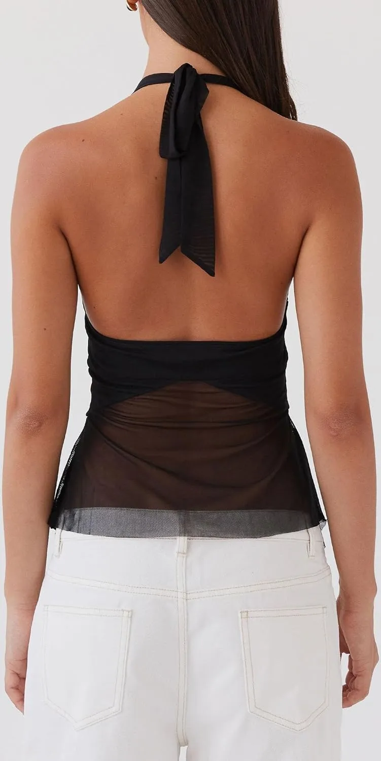 Women Y2k Sheer Mesh Halter Top Sleeveless Split Asymmetrical Hem Flowy Tank Backless V-Neck See Through Cami Shirt