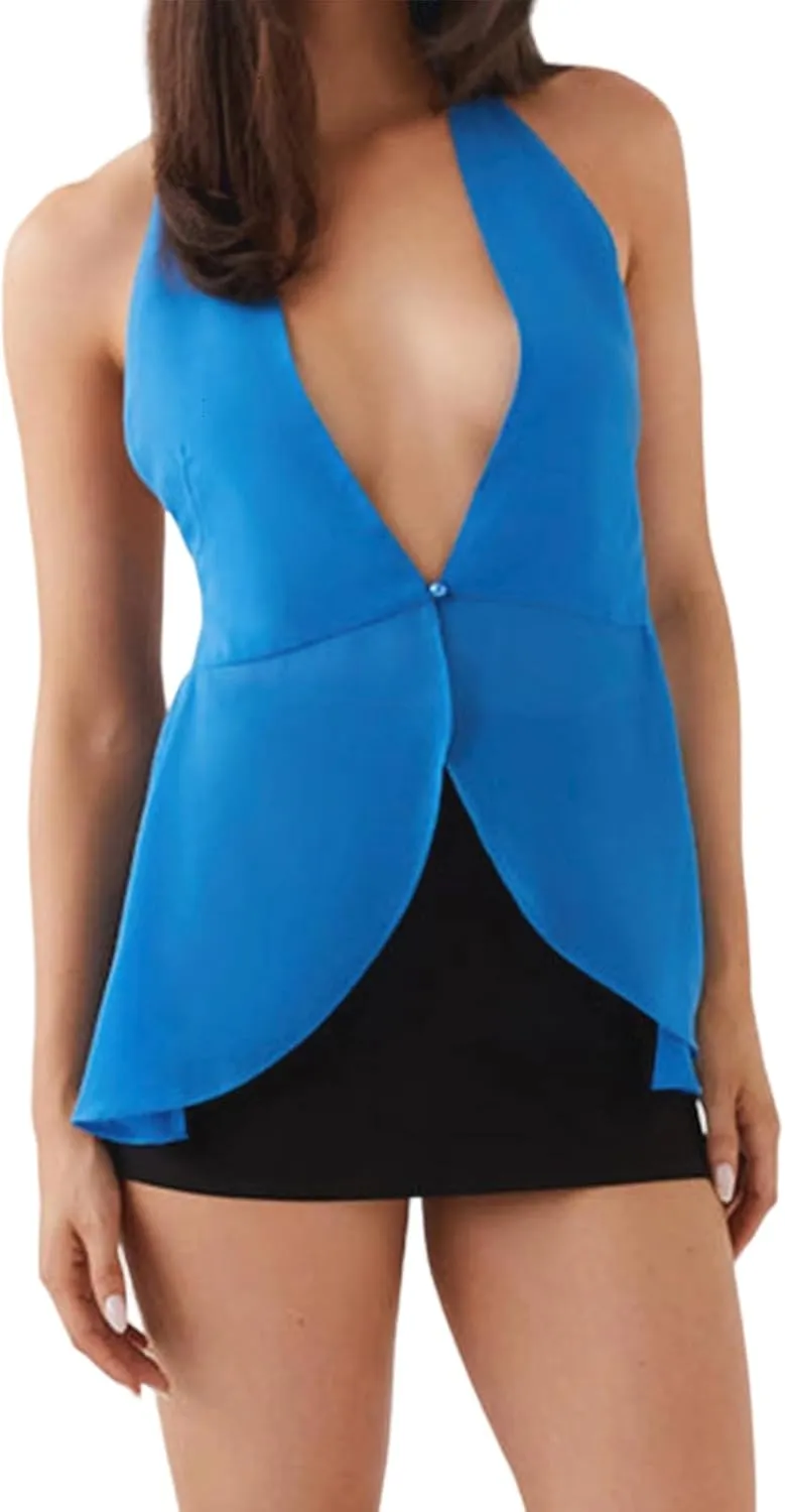 Women Y2k Sheer Mesh Halter Top Sleeveless Split Asymmetrical Hem Flowy Tank Backless V-Neck See Through Cami Shirt