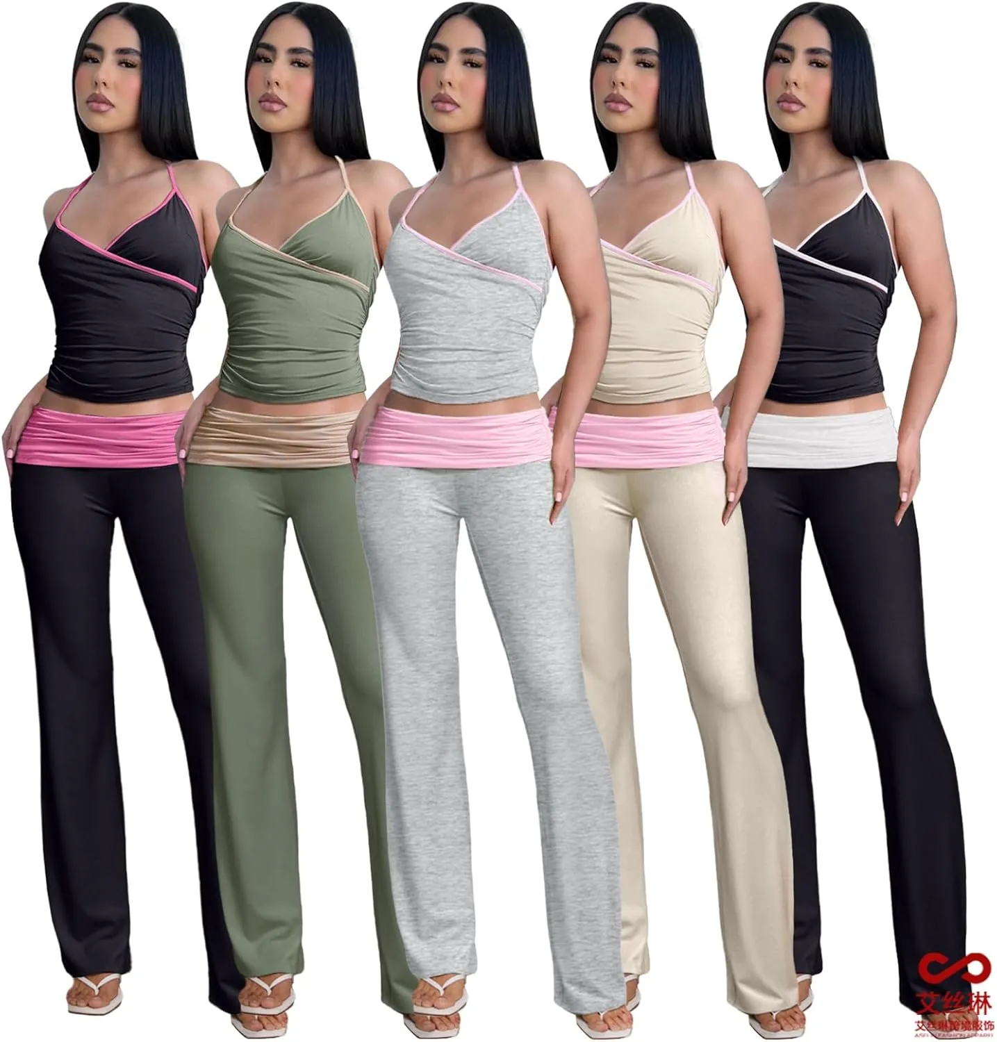 Women's 2 Piece Outfit Lounge Sets V Neck Crop Cami Top and Fold-over Flare Pants Set Tracksuit Sets Streetwear